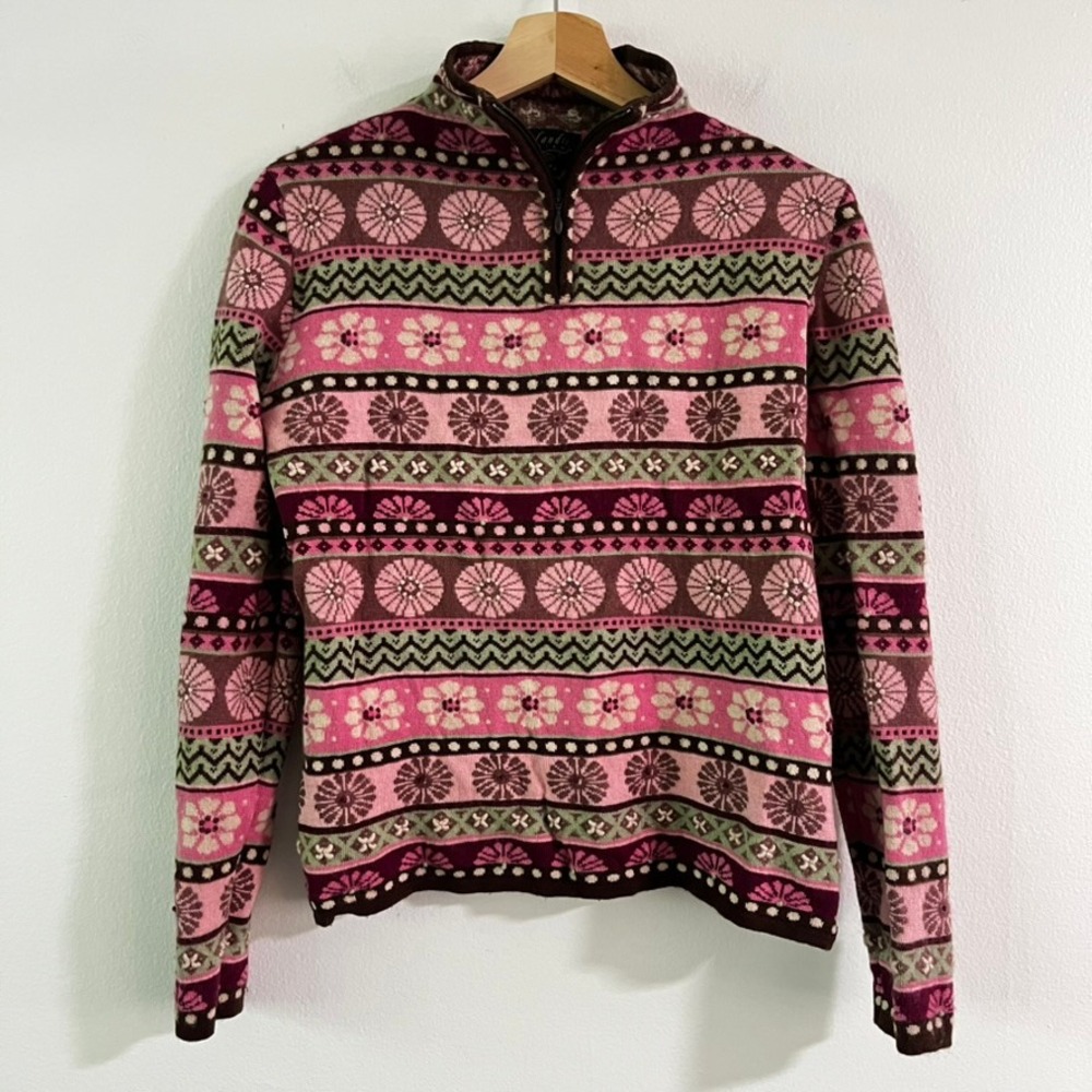 Patterned V-Neck Sweater - Pink and Brown